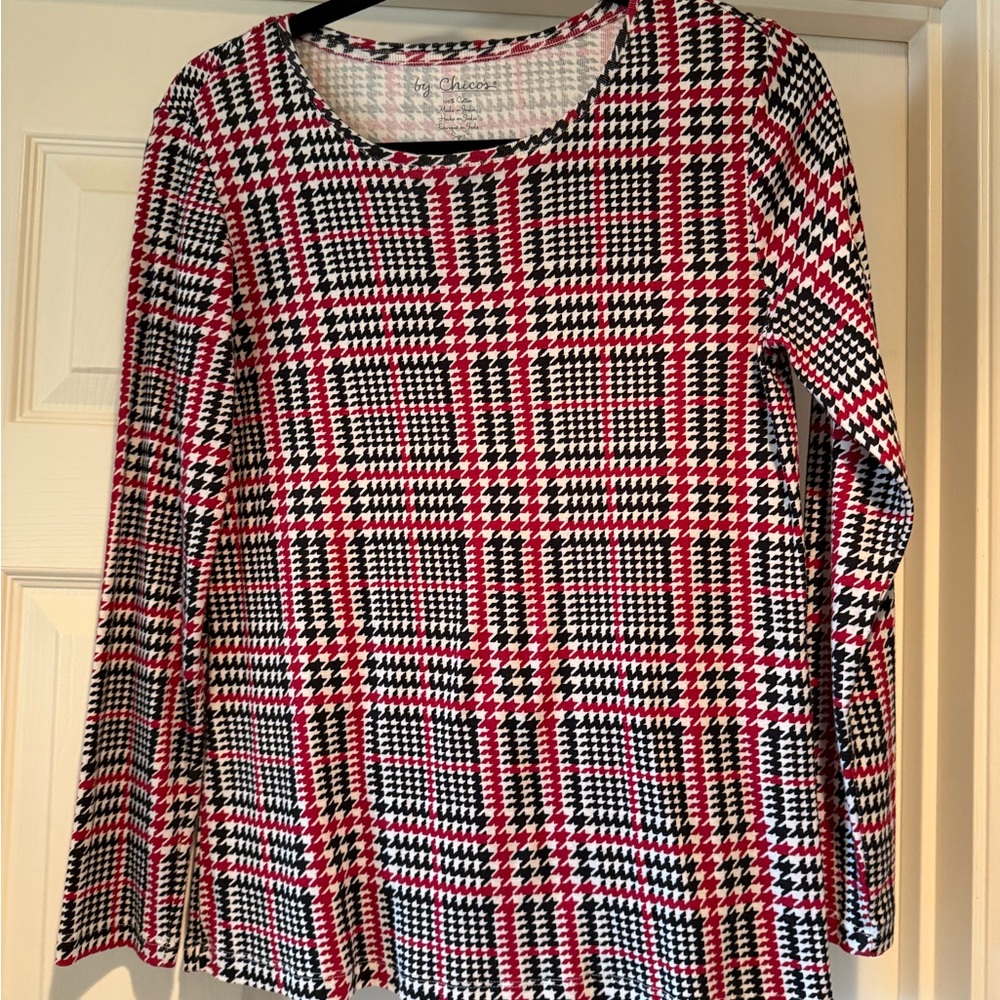 Chico's Red and Black Patterned Cotton Top